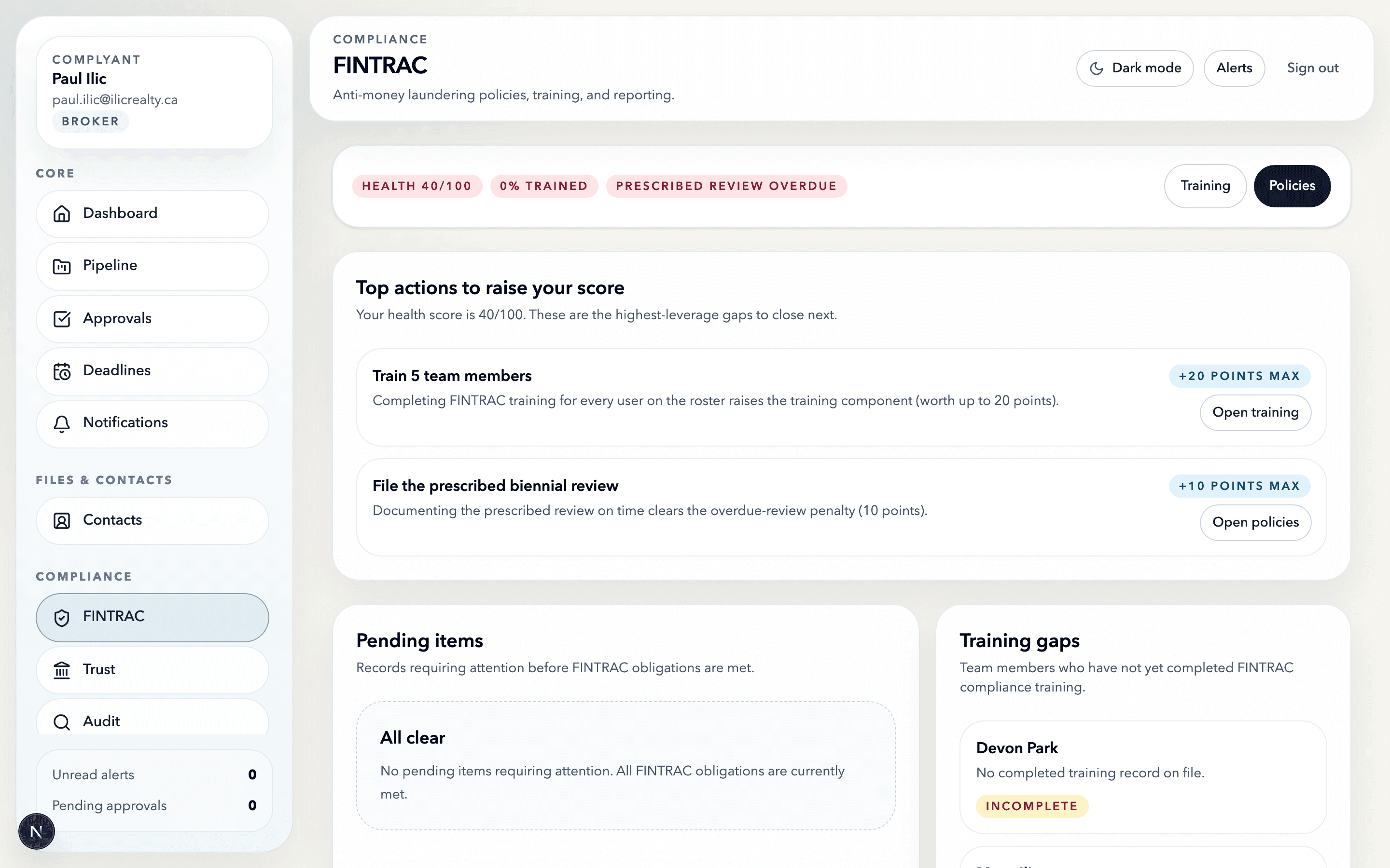 Complyant FINTRAC dashboard showing 40/100 health score and prioritised actions