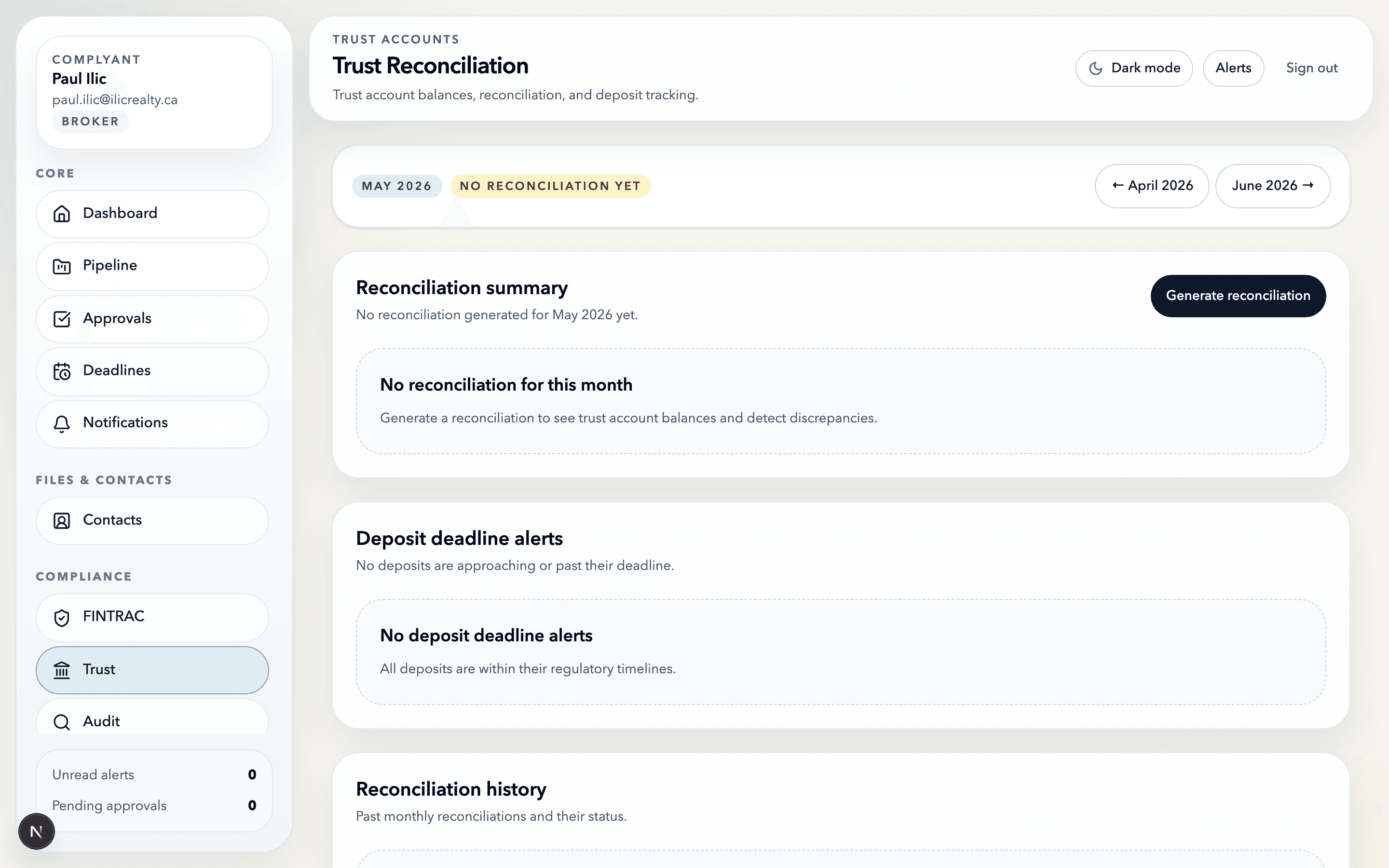 Complyant trust reconciliation page with month navigation and deposit deadline alerts