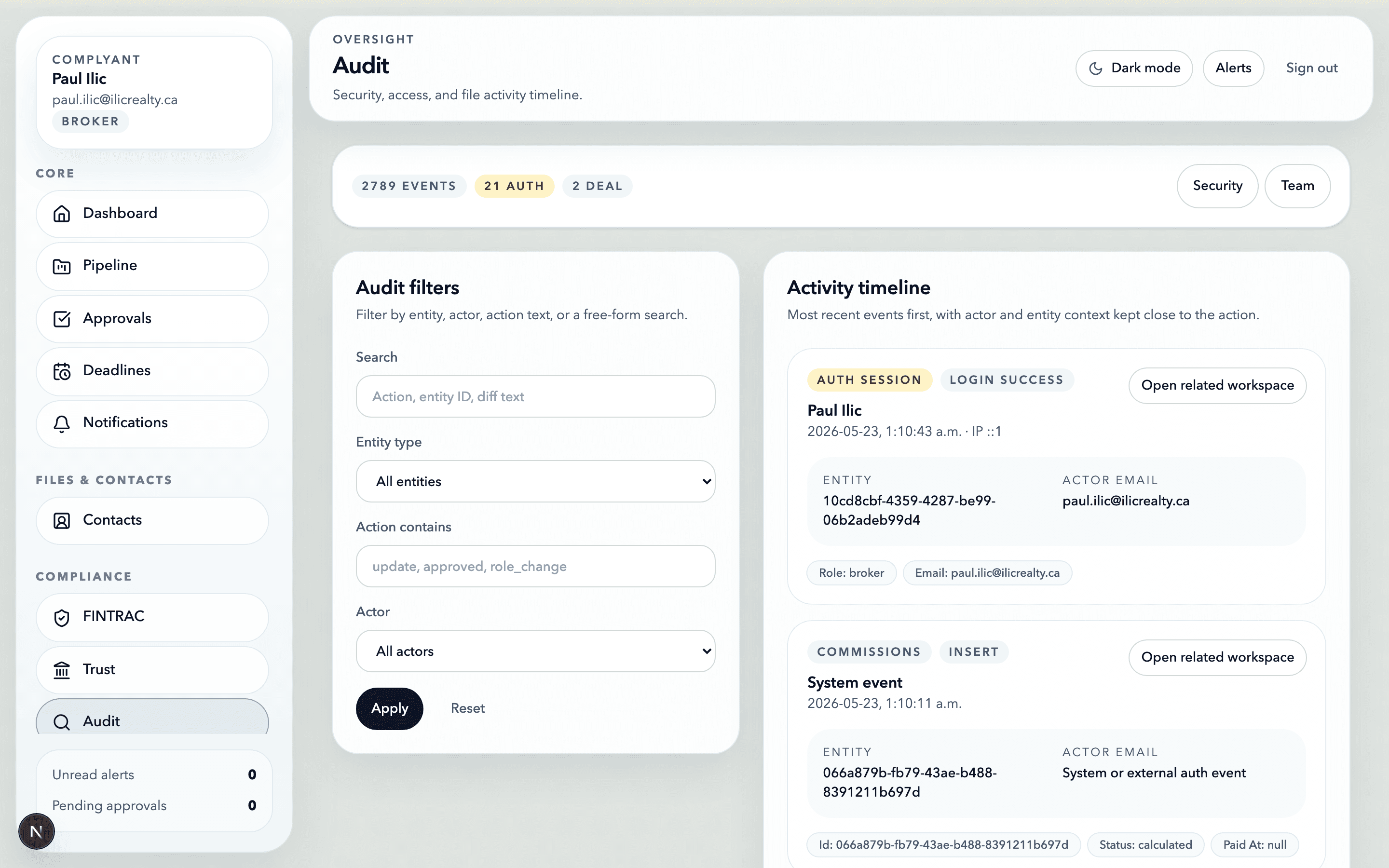 The Complyant audit timeline showing a real authenticated session and a transaction stage-blocked event with FINTRAC and REBBA rule reasons.